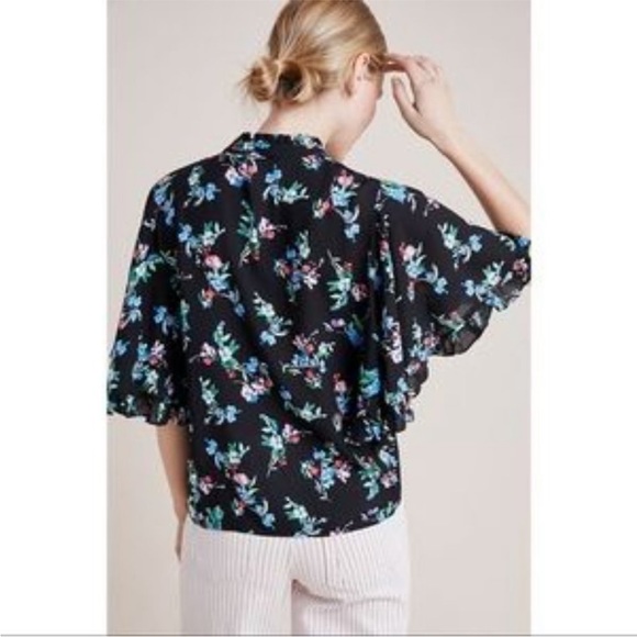 Anthropologie | Maeve Aveiro Flutter-Sleeved Button-down. Black with flowers. - Picture 2 of 13